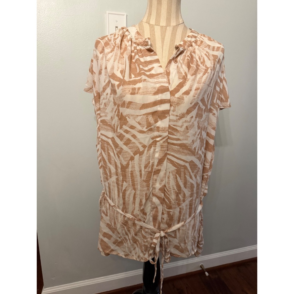 Worthington Tan White Abstract Print Short Sleeve Tie Waist Blouse 3X Womens